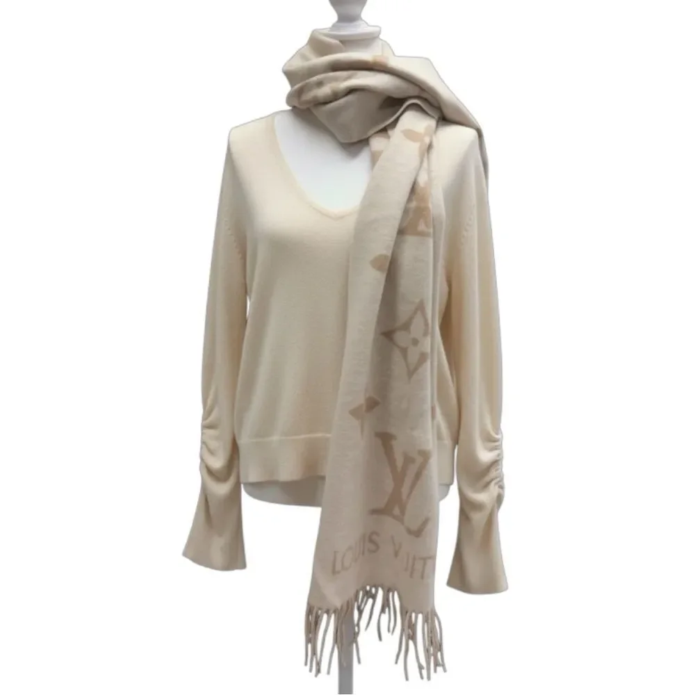 NWT Louis Vuitton Cream & Sable Brown 100% Cashmere M76067 LV Monogram Scarf